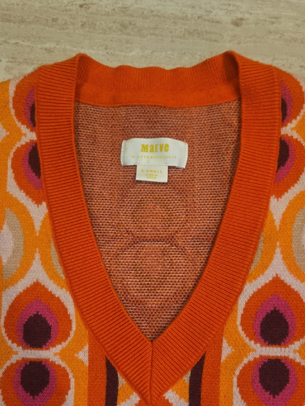 Maeve by Anthropologie Orange Design Print V-Cut Sweater Vest - Picture 5 of 6